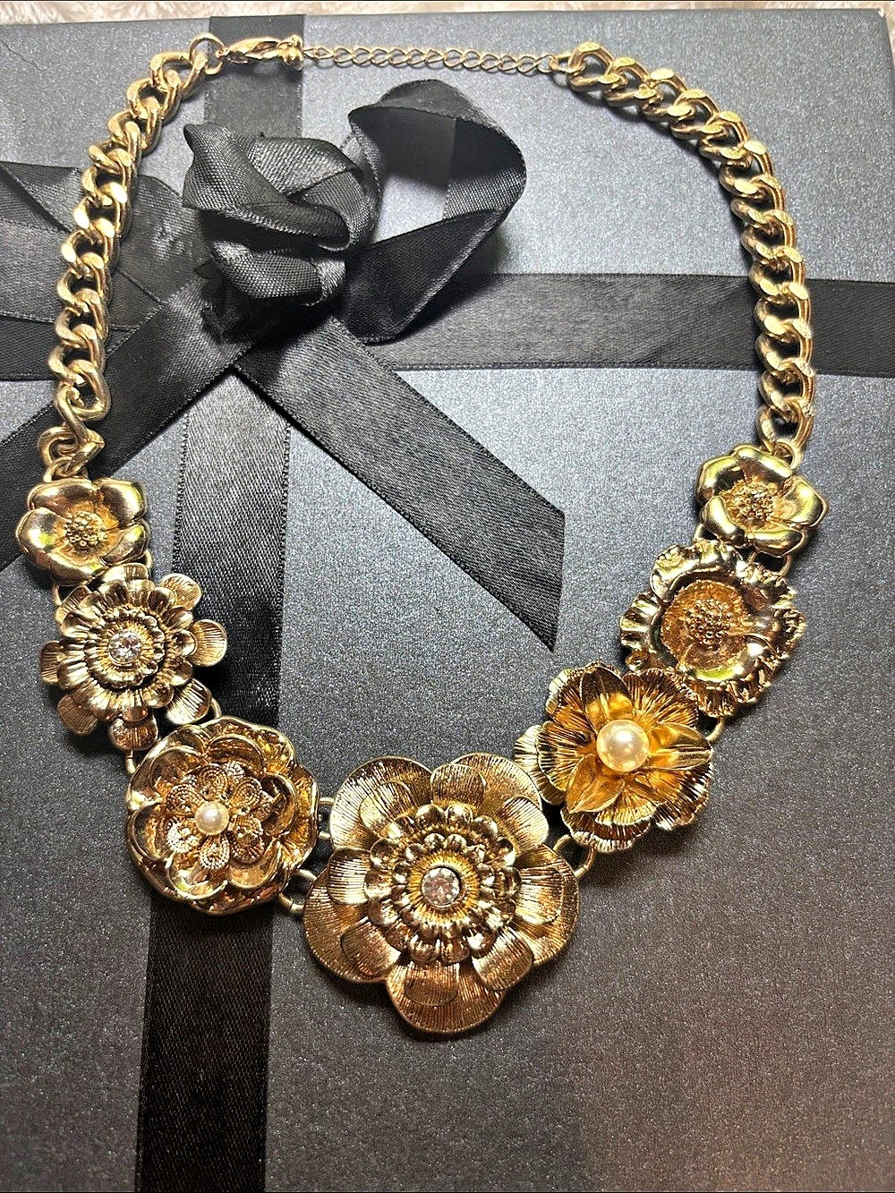 Floral Statement Necklace in Gold & Black Like New